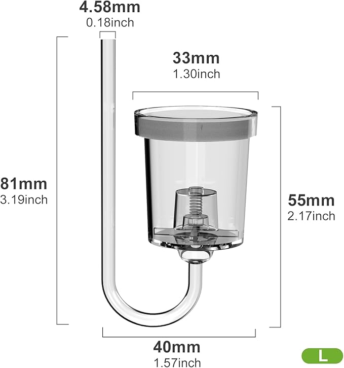 FZONE Acrylic Aquarium CO₂ Diffuser with Built-in Check Valve & Bubble Counter, Syringe & Suction Cup – Fine Bubble CO₂ Delivery for Planted Tanks (L-33mm)