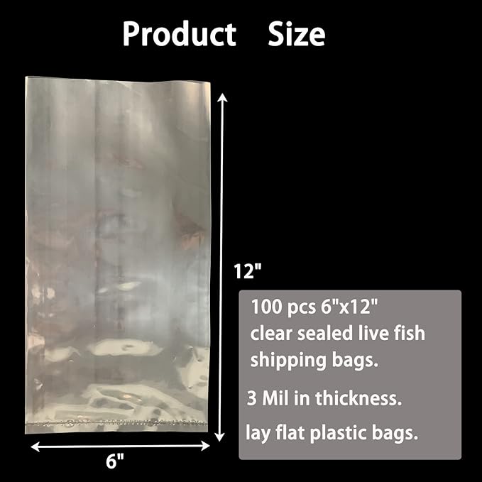 100 Pcs 6"x12" Clear Plastic Fish Bags,3 Mil Thick Bottom Seal Leak-Proof Shipping Bags,for Fish Transport