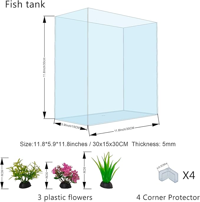 High-Clarity 3.5 Gallon Fish Tank 30 * 15 * 30CM - Low Iron Glass Aquarium with Space-Saving Thin & Narrow Designs | Includes Non-Slip Mat, Corner Guards + Decor | Ideal for Desktop/Bathroom