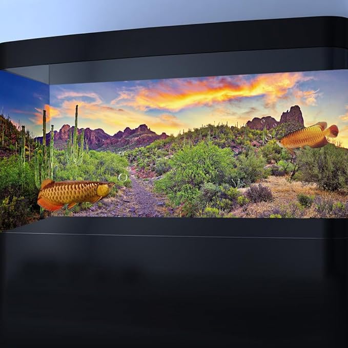 Reptile Habitat Background Rock Blue Sky Oasis Cactus Sunset Desert Terrarium Background 48X24IN with 8 EVA Double-Sided Tape