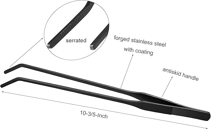 2-Pack Aquarium Tweezers, Stainless Steel Straight and Curved Tweezers Set, Long Handle Reptile Feeding Tongs for Aquatic Plants Lizards Spider Snakes Garden Repairing - 10-3/5inch, Black
