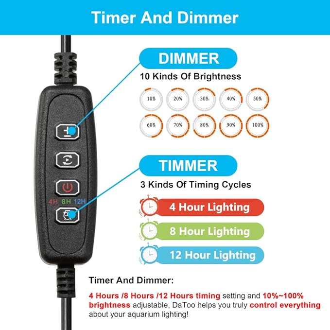 DaToo 8W 15inch Submersible Aquarium Light Underwater Fish Tank Light LED Aquarium Light Bar with Timer Auto On/Off and Dimmer Adjustable Brightness, 1 Yr Warranty
