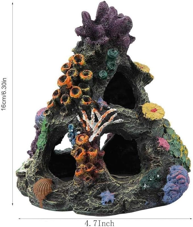 PINVNBY Coral Aquarium Decorations (Size: 6.3 x 4.7 x 4.7 inches) Small Fish Tank Decorations Hideout Resin Rock Mountain Cave Ornaments Betta Hideout House for Beta Sleep Rest Hide Play Breed
