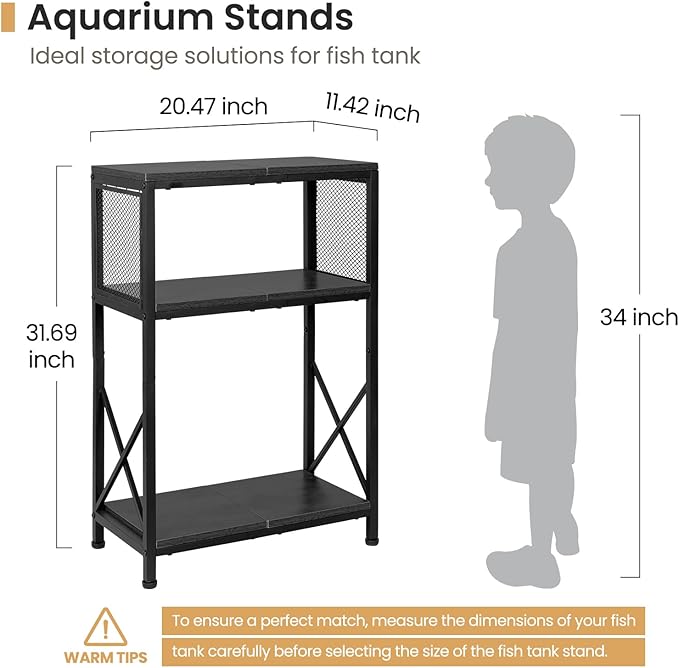 SwaaVee 10 Gallon Fish Tank Stand, Heavy-Duty 3-Tier Metal Storage Cabinet, Rustic Brown Aquarium Stand for Fish, Turtle & Reptile Terrariums (Rustic Black)