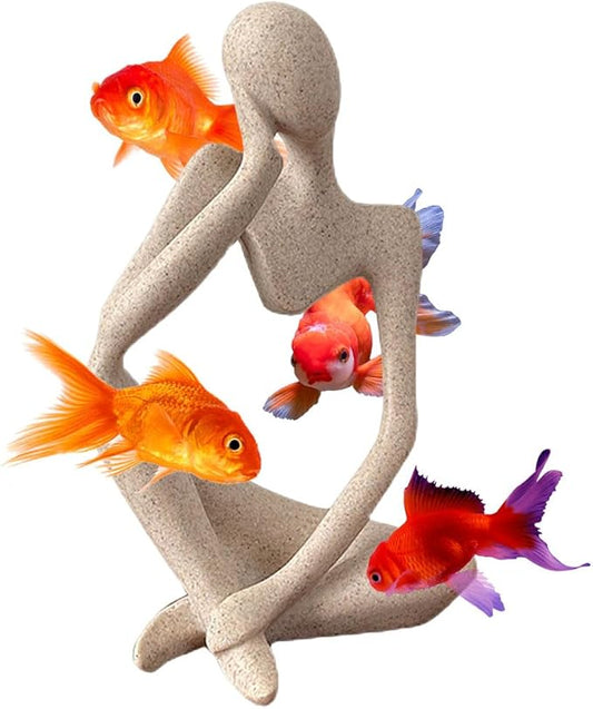 Sandstone Thinker Statue Fish Tank Decorations Abstract Aquarium Ornament Art Sculpture Decor Decorative Figurines Resin Figure for Home Office (Left Thinker)