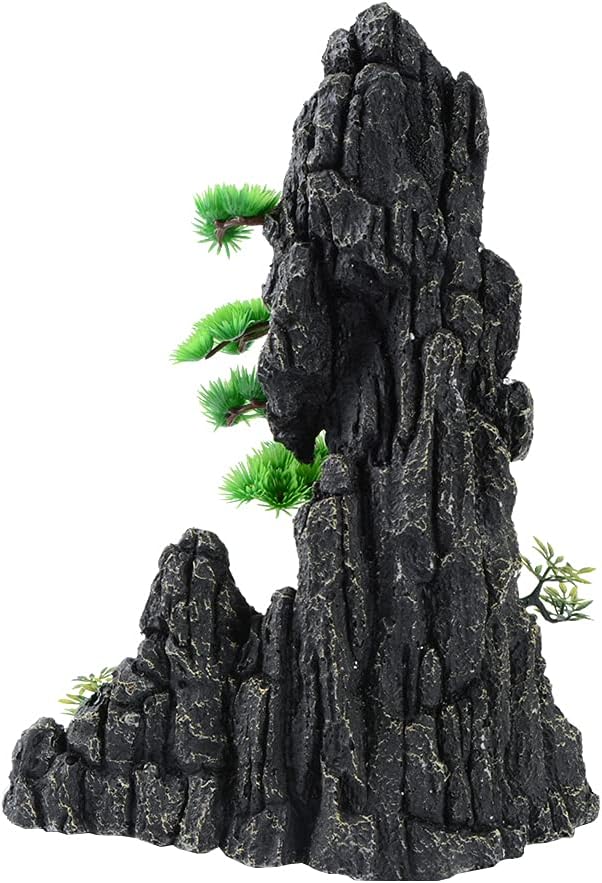 Large and Tall Fish Tank Decorations Aquarium L9.84x W6.14x H12.99inch, Resin Mountain View Aquarium Decor, Rock Thematic Ornaments with Tree & House for Betta Cichlid Goldfish Shrimp Playing Hiding