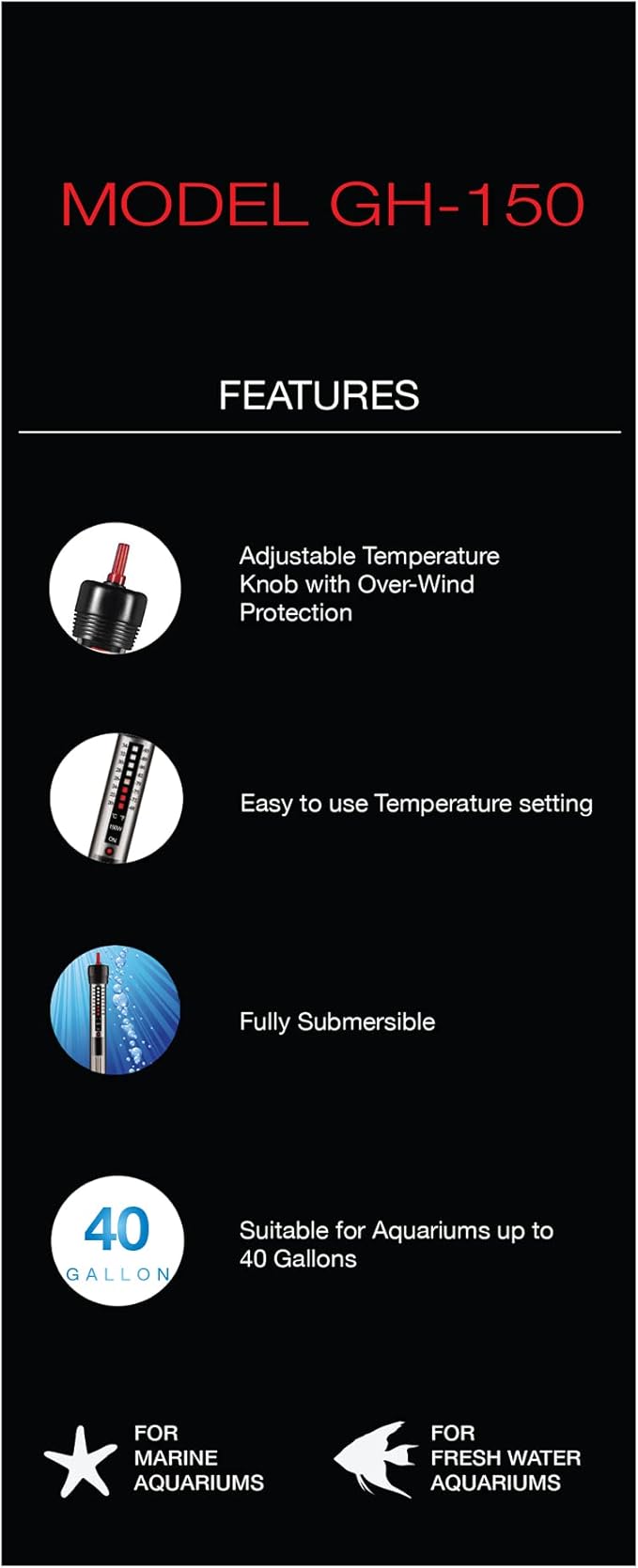 Aquatop 150W Aquarium Submersible Glass Heater – Fully Submersible for Fish Tanks Up to 40 Gallons, 68-93F Adjustable Temperature Range, Fresh & Saltwater Use, Aquarium Heaters, GH-150