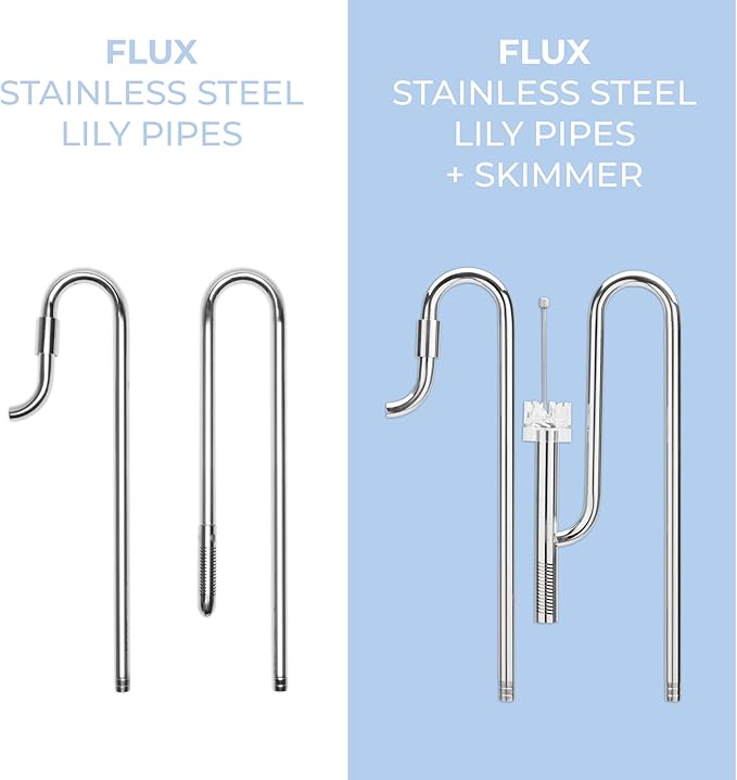 Aqua Worx Flux Stainless Steel Lily Pipe w/Skimmer Set - Inflow & Outflow Water Pipe w/Aquarium Surface Skimmer Freshwater Aquarium Supplies, Aquarium Water Tubing - 12/16MM (1/2 in) + Skimmer