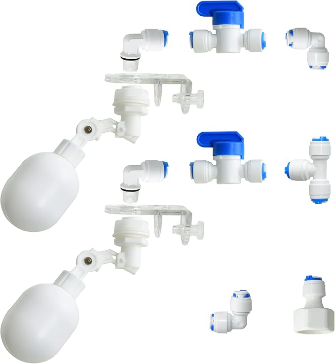 1/4 inch Plastic Adjustable Tube Float Valve Kit for Aquarium Water purifiers , Auto Water Filler Controller Auto-top-Off System, RO Water Reverse Osmosis System (2 Float + 10 Connect)