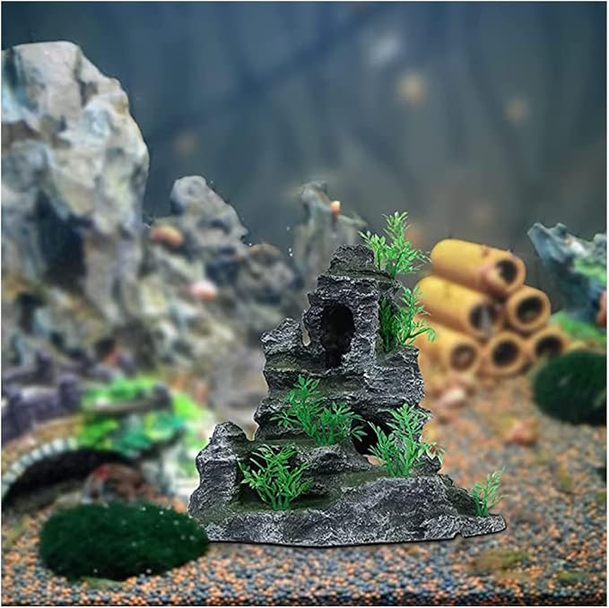 AnRui Aquarium Mountain View Rock Landscaping Decorations Fish Tank Resin Rock Hiding Cave Ornaments with Small Plant