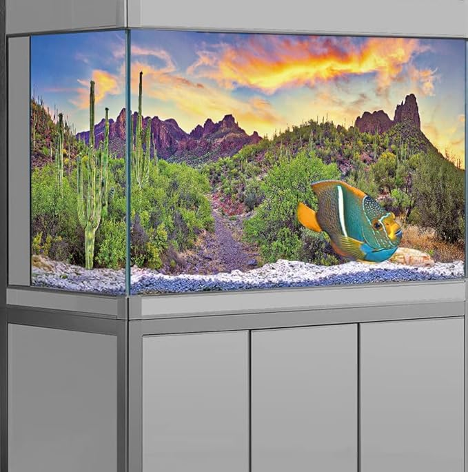 Reptile Habitat Background Rock Blue Sky Oasis Cactus Sunset Desert Terrarium Background 36X18IN with 8 EVA Double-Sided Tape