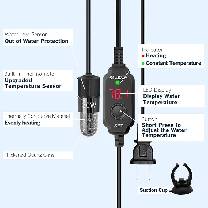 YOFOTHS Adjustable Mini Aquarium Heater 0.5/1/2/3 Gallon Submersible Small Fish Tank Heater 10W/20W/30W Digital Display Thermostat External Temperature Controller(30W)