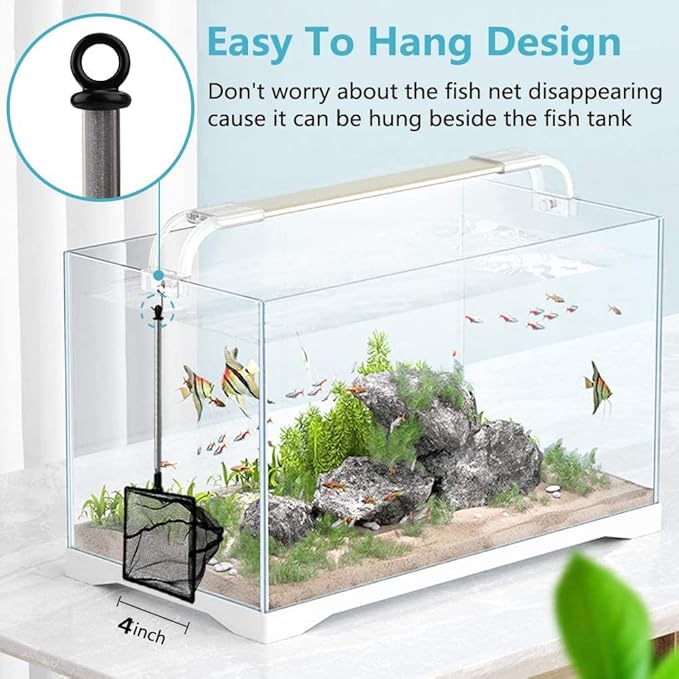 Fish Net for Fish Tank, Fine Mesh Aquarium Net with 9-24 Inch Stainless Steel Long Handle, Extendable Fishing Tank Net for Fish Shrimp Tank, Pond, Creek (4 inch)