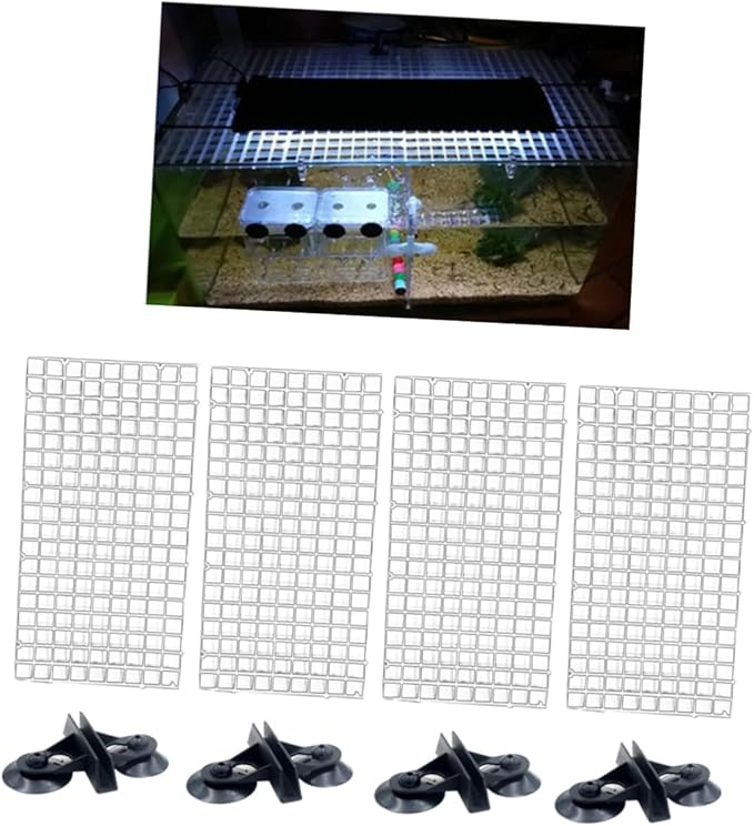4 Pcs Aquarium Divider Tray Plastic Grid Aquarium Egg Crate, Fish Tank Divider Bottom with 4 Pcs Sucker Clip