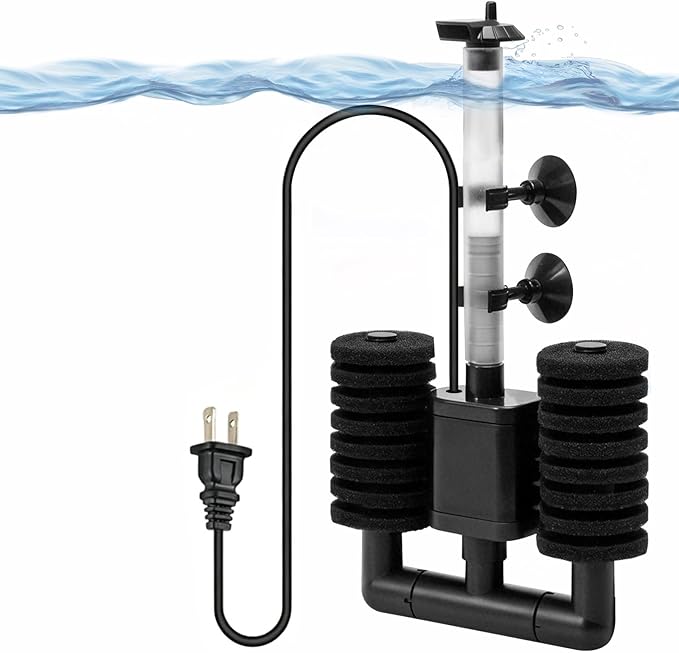 TARARIUM Aquarium Sponge Filter 5-20 Gallon Fish Tank Filter, Electric Power Double Sponge Filter, Quiet Small Low Flow Foam Filter for Fish Tank Betta Shrimp, Intake Dual Sponge Filter Kit w/Pump