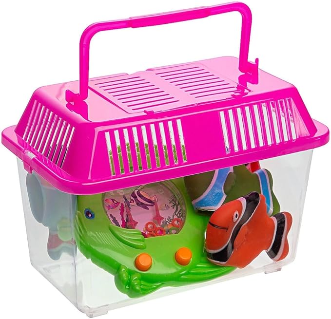 Fun Express - Clear Plastic Aquariums with Colored Lids - Amphibia Container Tortoise Living Tank Goldfish - Aquarium Handle Small World Habitat - 12 Pieces