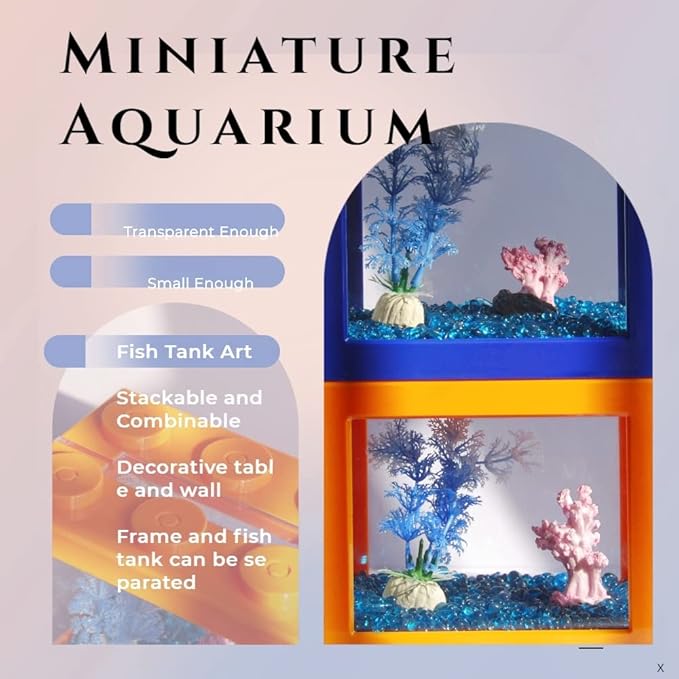 Small Betta Fish Tank, Stackable Mini Fish Tank Aquarium Tank Kit, 3/5 Gallon Rectangular Fish Bowl with Aquarium Gravel Decoration, Tiny Cube Tank for Seaweed Balls Sea Monkeys
