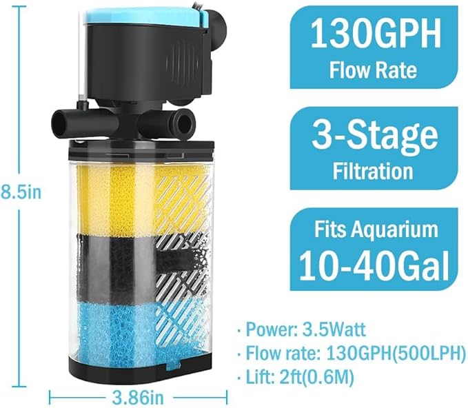 Aquarium Filters – 3-Stage Aquarium Filter in-Tank Filter Internal Filter Fish Tank Filter Turtle Filter for 10-40 Gallon Fish Tanks with Dual Water Outlet and Aeration