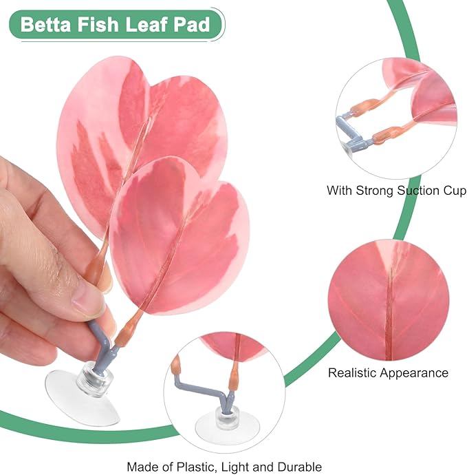 M METERXITY 2-Pack Betta Fish Leaf Pad, Hammock Plant Leaf Pad, Realistic Resting Fish Rest Bed for Fish Tank Decorations/Aquarium Accessories/Spawning Grounds/Breeding [Pink, Heart-Shaped]