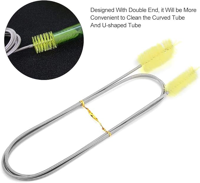 Pssopp Aquarium Cleaning Spring Brush, Double Head Filter Tube Hose Pipe Pump Cleaner Flexible Stainless Steel Spring Nylon Brush 155cm for Fish Aquarium