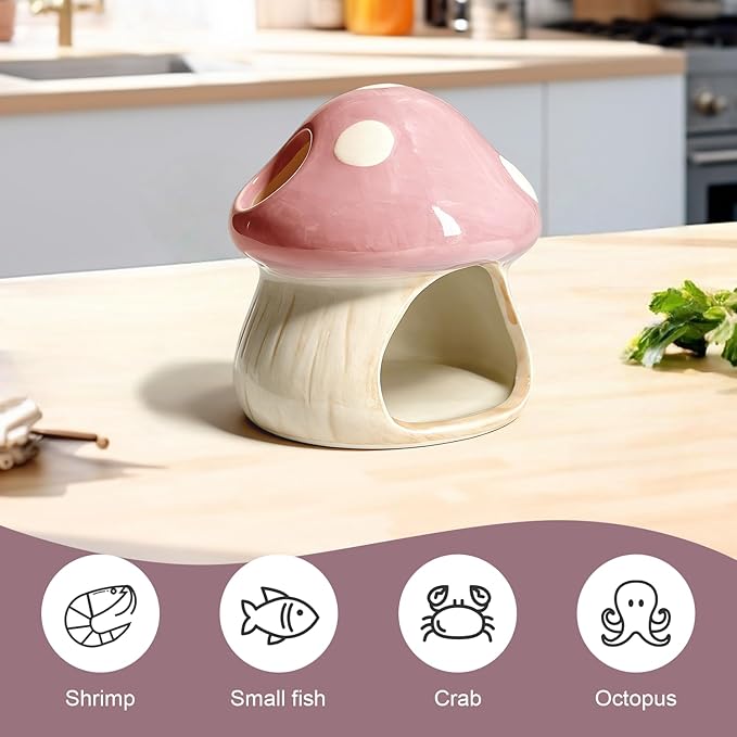 Betta Fish Tank Accessories, Ceramic Mushroom House Aquarium Decor - Cute Pink Hideout Cave Ornament for Small Fish, Shrimp, Goldfish, Hamsters & Reptiles (Pink)