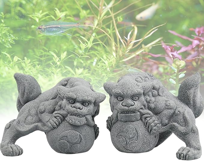 livelyfish Aquarium Fu Foo Dogs Statue Decorations A Pair of Asian Sandstone Lion Figures Sculpture for Fish Tanks Garden Bonsai Decor Gifts,E