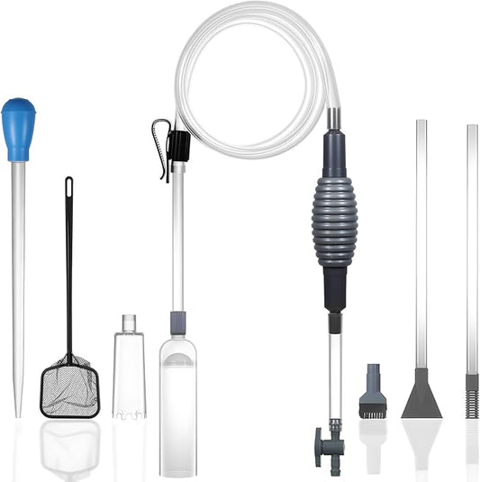 Aquarium Siphon Vacuum Cleaner Kit with Dual Vacuum Tubes, Brush Head, Turkey Baster and Fish Net, Gravel & Sand Cleaner, Aquarium Gravel Vacuum for Water Change and Debris Removal