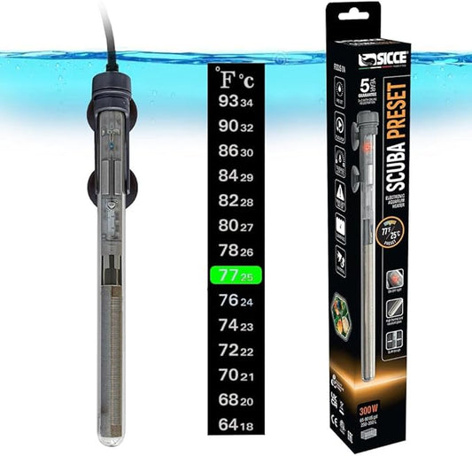 Sicce Scuba 300 Watt Aquarium Fish Tank Heater Preset at 77℉ for Up to 90 Gallons | 300W Submersible for Marine Saltwater and Freshwater | Run Dry Protection