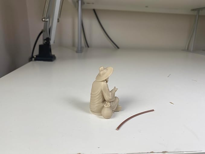 Miniature Zen Fisherman Figurine – Old Wise Man Fishing Bonsai Tree Accessory – 3D Printed Ivory Finish Aquarium & Terrarium Decor – Oriental Feng Shui Sand Garden Ornament