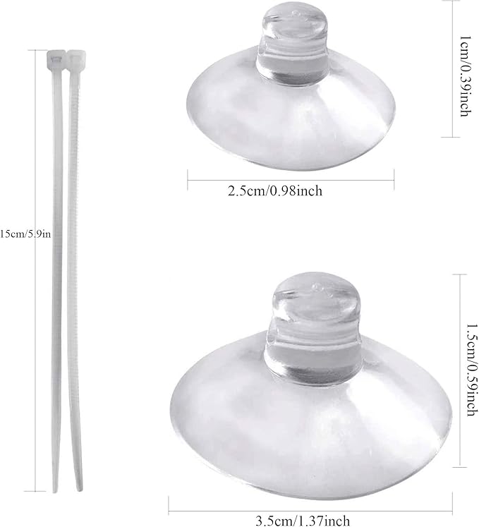 Aquarium Suction Cups,20Pcs 25mm/0.98inch + 20Pcs 35mm/1.37inch Fish Tank Suction Cups with Adjustable Cable Ties for Aquarium Fish Tank Plants, Planter, Binding Moss Shrimp Nest