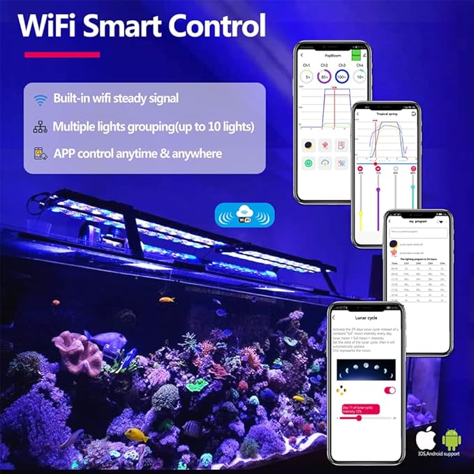 PopBloom H75 WiFi 2PCS Reef Marine LED Light for 180cm 6ft 72inch Saltwater Coral Reef Marine Aquarium Fish Tank, Full Spectrum Programmable 4 Channels, Sunrise Sunset, Lunar Cycle