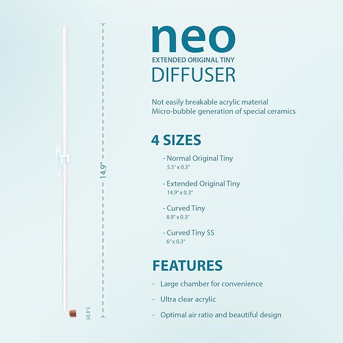 Aquario Neo CO2 Aquarium Diffuser - CO2 Diffuser Aquarium Kit, CO2 Diffuser for Aquarium Plants, CO2 System for Aquarium - Extended Diffuser, Tiny