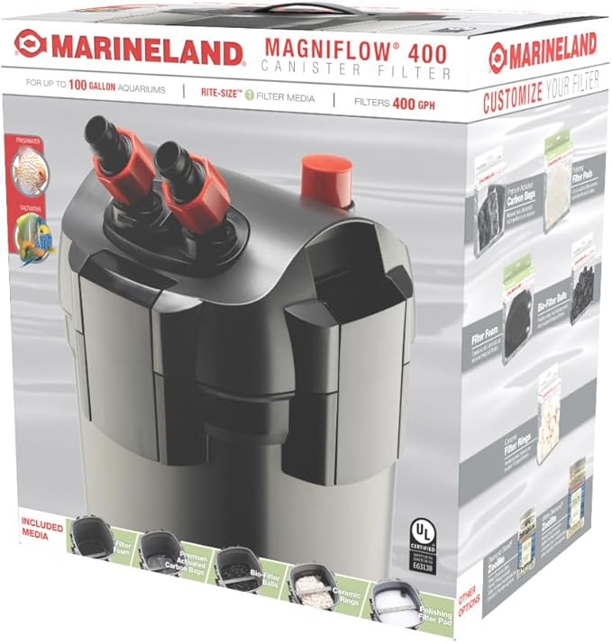 Marineland Magniflow 400 Canister Filter, 1 Count, For Up to 100-Gallon Freshwater or Saltwater Aquariums, Includes Rite-Size T Filter Foam and Polishing Filter Pads, Premium Activated Carbon Bags