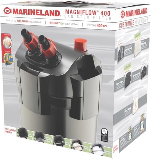 Marineland Magniflow 400 Canister Filter, 1 Count, For Up to 100-Gallon Freshwater or Saltwater Aquariums, Includes Rite-Size T Filter Foam and Polishing Filter Pads, Premium Activated Carbon Bags