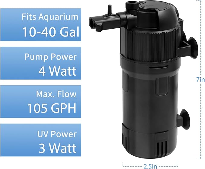 Fish Tank Filter with U-V Light, Submersible Aquarium Filter for 10 to 40 Gallon Fish Tank, U-V Filter