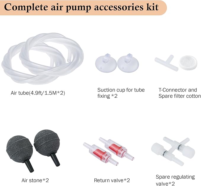 HITOP Aquarium Air Pump Accessories Kit: Standard 3/16" Air Tubing, Check Valves, Air Stones, Suction Cups, Regulating Valves, Connector, Suitable for Common Fish Tank Air Pumps