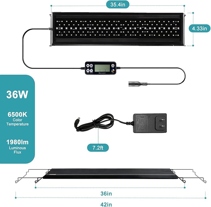 24/7 LED Aquarium Light, IP68 Waterproof Extendable Bracket Fish Tank Light with Timer, 7 Colors, 10 Level Adjustable Brightness, DIY Mode Full Spectrum Aquarium Plant Light for 36-42 Inch Fish Tank