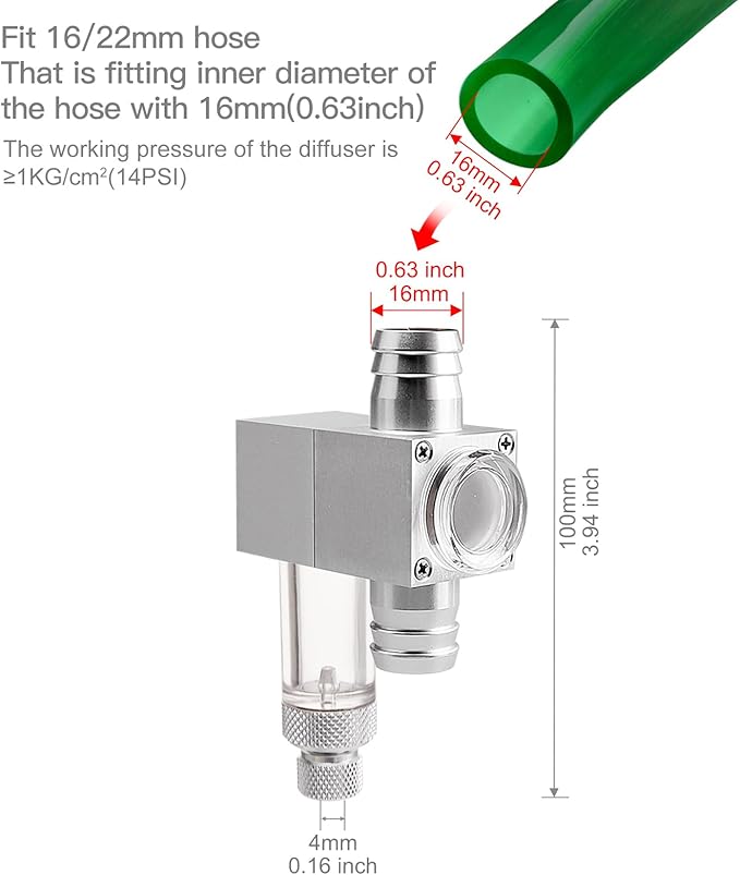 External Inline CO2 Diffuser Atomizer with Bubble Counter Aluminum Alloy for Planted Aquarium Canister Filter (DC400-L-16)