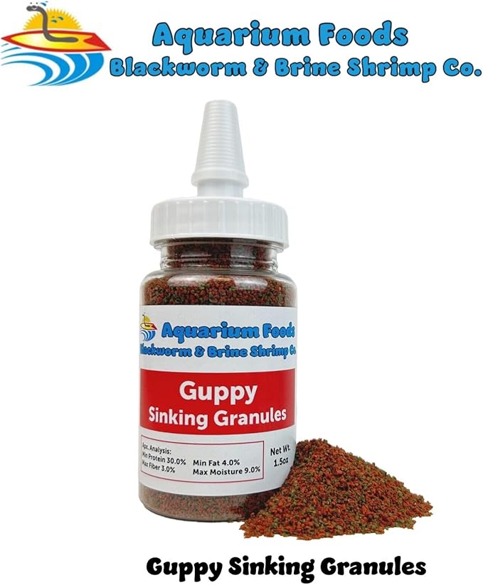 Guppy Sinking Granules Fish Food for Guppies, Endlers, Mollies, Platies, Swordtails, Groumis, Tetras, Catfish, Cichlids, All Community Tropical Fish…1.5oz Squeeze Bottle