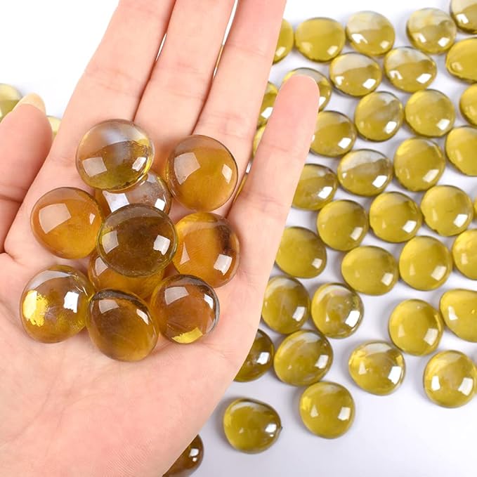 Flat Glass Marbles 1lb, 100PCS Yellow Flat Gems Glass Beads for Vase Filler Garden Aquarium Tank Pebbles Table Floral Decoration