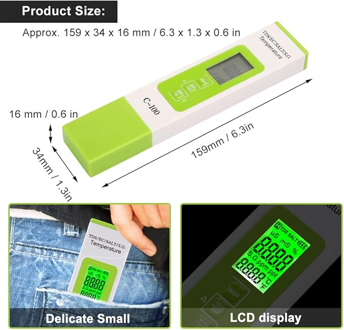 Digital Salinity Tester, 5-in-1 Multifunction Water Quality Meter for Saltwater Aquariums, Pools, and Koi Fish Ponds, Backlit Display