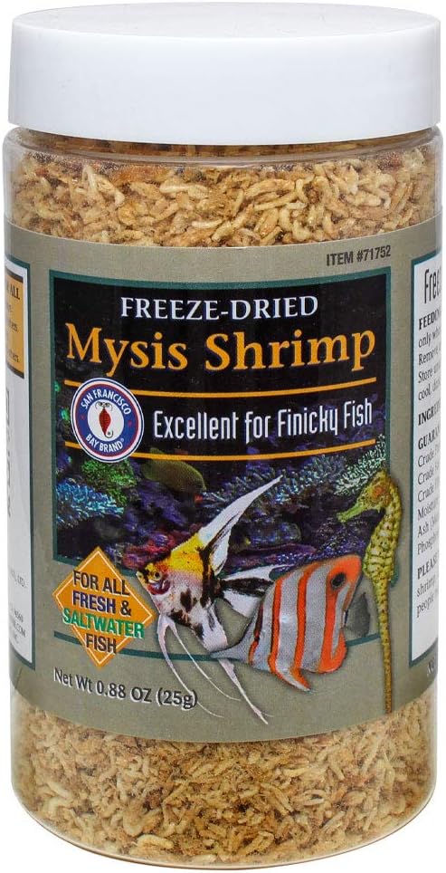 San Francisco Bay Brand Freeze-Dried Mysis Shrimp - Premium Fish Food, Tropical Fish Food, Shrimp Food - Ideal for Freshwater and Saltwater Fish, Cichlids, Angels, Seahorses - 0.88 oz (25g)