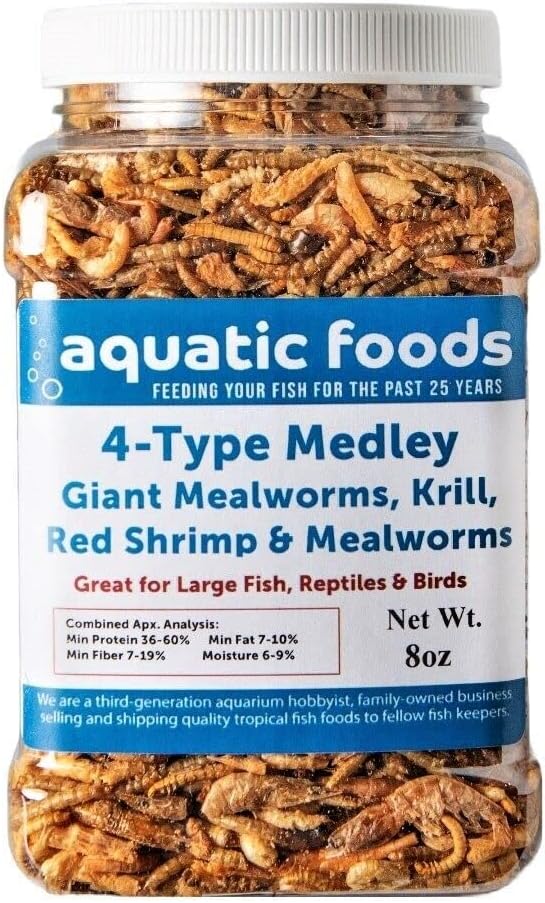 4-Type Medley Mix of Freeze Dried Superworms, Krill, Red Shrimp, Mealworms for Reptiles, Turtles, Tortoises, Frogs, Hamsters, Birds, Rodents…8oz Med Jar