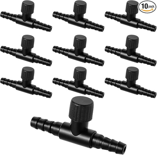 10Pcs Aquarium Air Control Valves for 3/16" (4mm) ID Airline Tubing, Adjustable Black T Shaped Hose Connectors Single Way Plastic Air Flow Controllers Regulators, Air Pump Accessories for Fish Tank