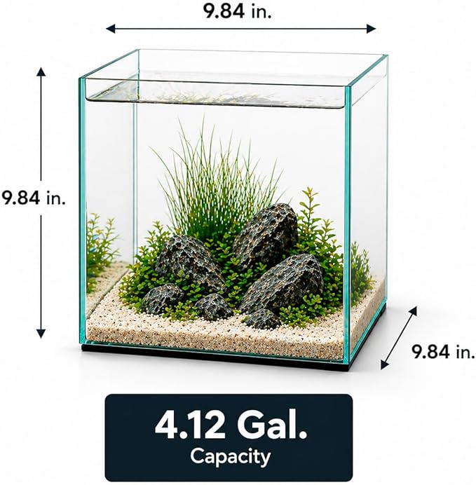 Aquatop High Clarity Low Iron Glass Cube Aquarium, 4.12 Gal – 5mm Thick Glass – Slim Design – Fresh & Saltwater – Desktop Tank with Silicone Sealing