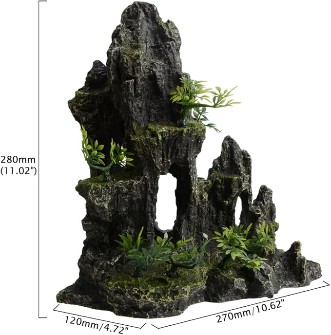 11 Inch Large Aquarium Decor, Tall Resin Mountain Rock Cave with Plants for Natural Aquascape – Realistic Fish Tank Decorations & Hiding Place for Betta, Shrimp, Cichlids