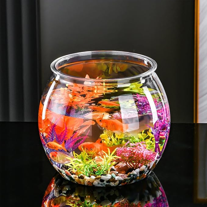 Angoily Transparent Plastic Fish Bowl 5.11 Inch Small Round Aquarium Tank for Goldfish Desktop Office Home Decoration Portable Small Aquarium