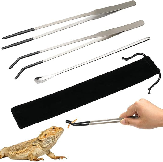 3PCS Reptile Feeding Tongs with Rubber Tips, 10.6" Stainless Steel Tweezers & Spoon Set with Storage Bag for Bearded Dragons, Geckos, Turtles, Tank Accessories