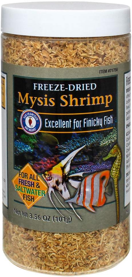 San Francisco Bay Brand Freeze-Dried Mysis Shrimp - Premium Fish Food, Tropical Fish Food, Shrimp Food - Ideal for Freshwater and Saltwater Fish, Cichlids, Angels, Seahorses - 3.56 oz (101g)