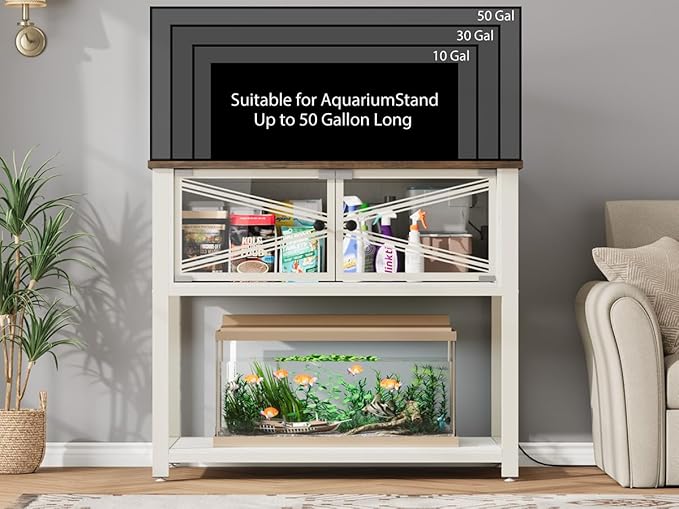 Rresyet 40-50 Gallon Aquarium Stand with Heavy Duty Metal Frame, Fish Tank Stand with Power Outlets, Two Glasses Door Storage Cabinet, Suitable for Turtle Tank, Reptile Tank, White+Brown